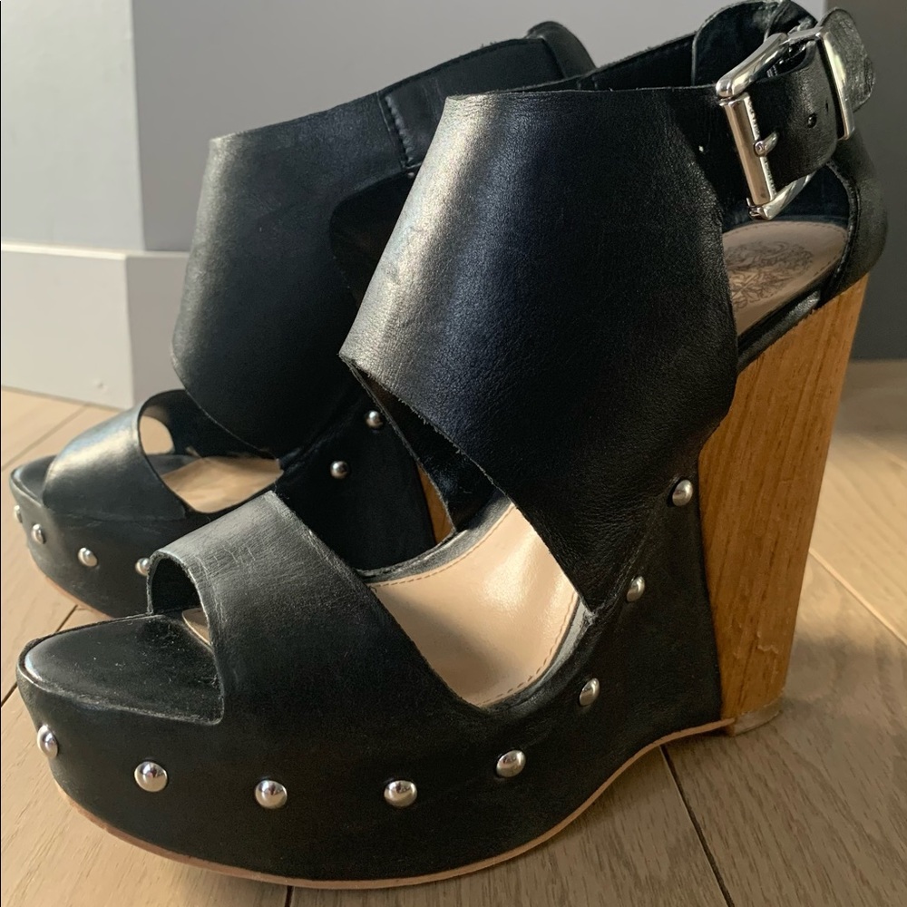 Vince Camuto wedges, size US 5, 5”heels, black leather+wood